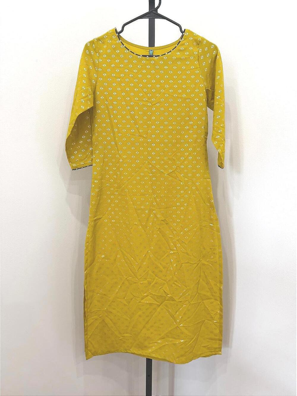 Yellow Patterned Long Sleeve Midi Dress anasya xs kurta